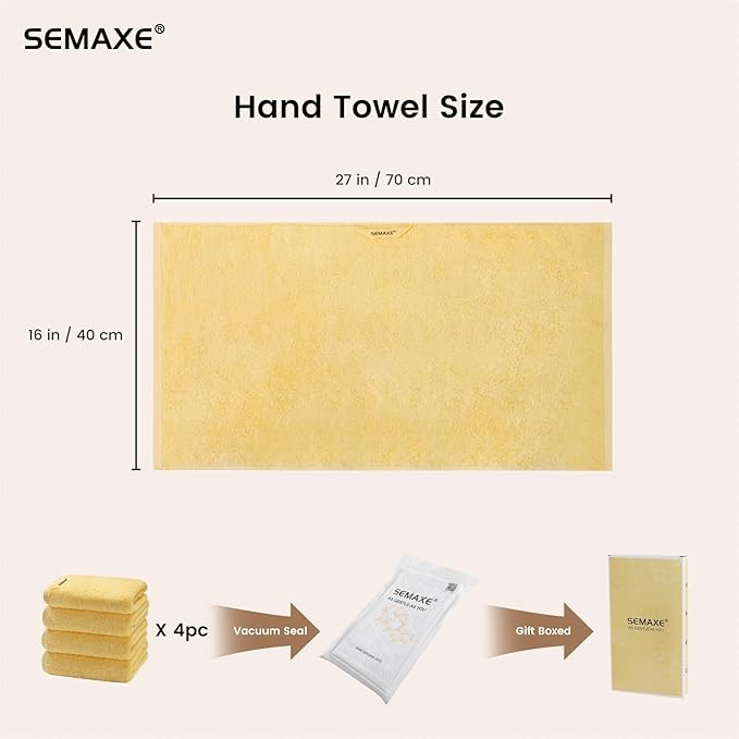 SEMAXE Yellow Hand Towels for Bathroom, 100% Cotton Towels with Hanging Loops, Hotel Spa Quality Absorbent Towels, 27" L x 16" W, 4 Piece Hand Towels, Gift Box Packaging