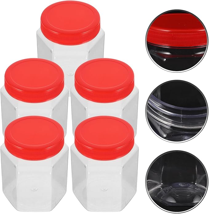 5pcs Airtight Hexagonal Storage Canisters with Lids Dry Food Jars for Kitchen Pantry Cereals Nuts Preservation Transparent Plastic Containers