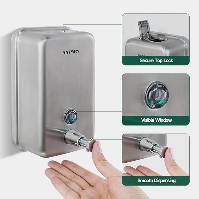 Commercial-Grade Manual Soap Dispenser, Durable Brushed Stainless Steel Finish, 37oz (1100ml), Wall-Mounted for Bathroom & Kitchen