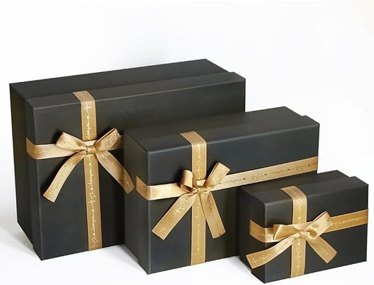 Airuisike Black Gift Boxes with Gold Ribbons & Bows - (3 Sizes) Sturdy Gift Boxes with Lids for Presents - Elegant Gift Wrapping Boxes for Gift Wrapping