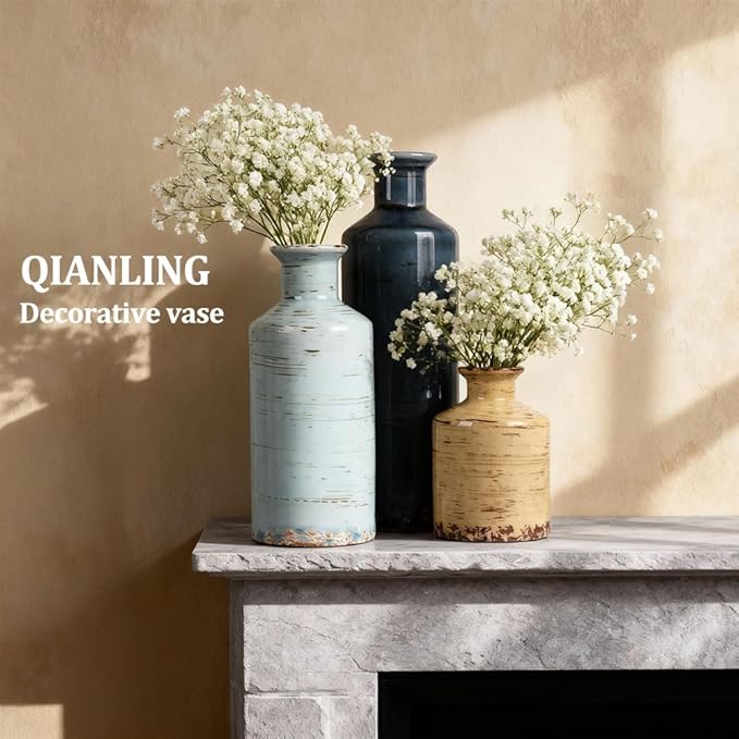 Ceramic Vase Set of 3-3 Neutral Vases Home Decor, Farmhouse Country Flower Vase, Vases for Centerpieces, Living Room Decoration, Table Decoration, Fireplace Decor, and Entrance Decorations