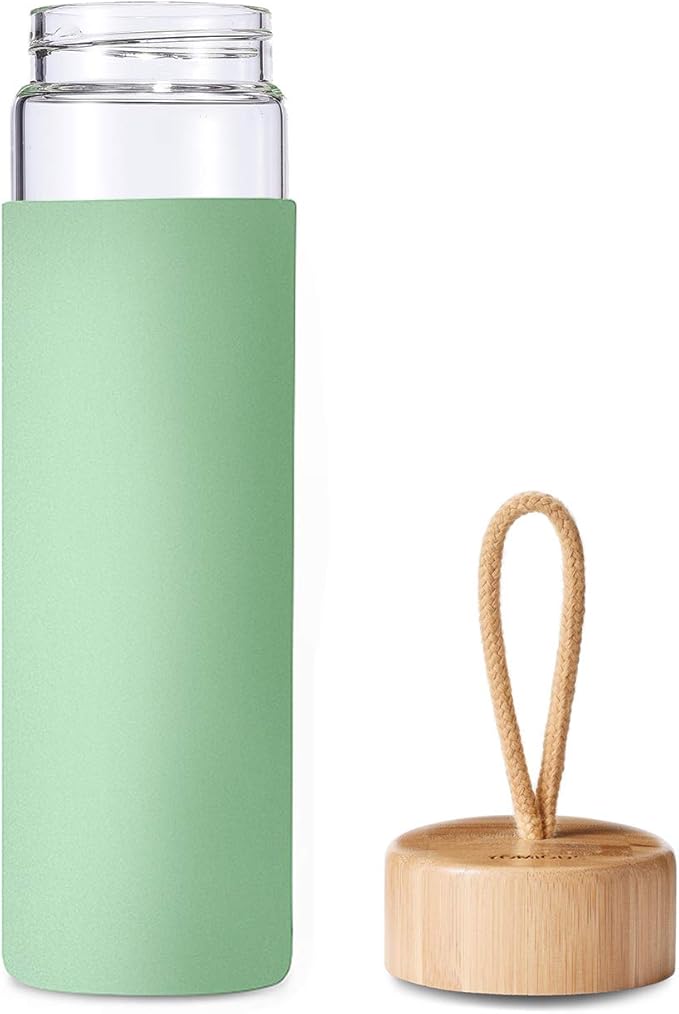 20 Oz Borosilicate Glass Water Bottles with Silicone Sleeve BPA Free, Dishwasher Safe - Reusable Clear Glass Drinking with Leak Proof Bamboo Lid | Perfect Gym Water Bottles for Men & Women
