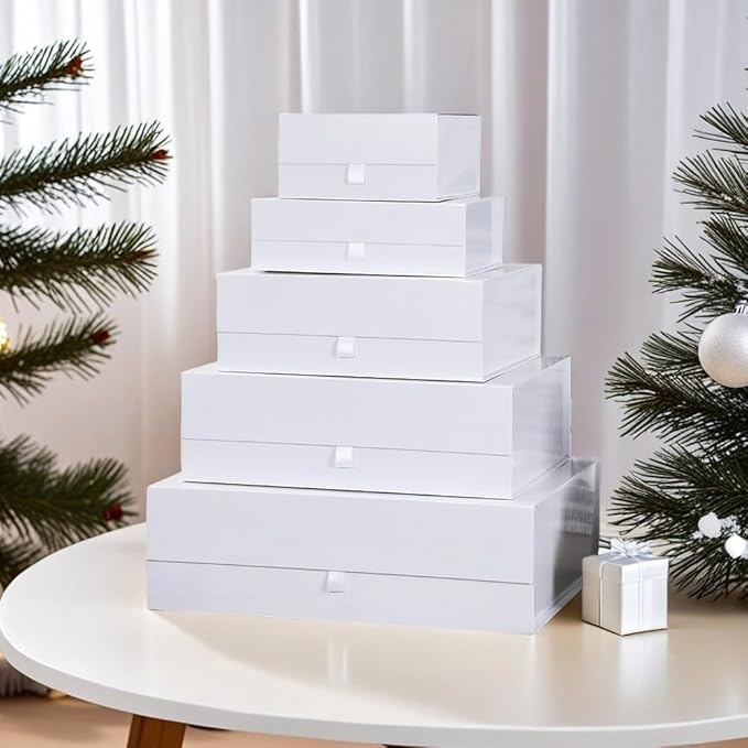5 Pcs White Gift Box for Presents 10.8x7.5x3.5 Inches Magnetic Gift Boxes with Lid Luxury Gift Box for Rectangle Collapsible for Bridesmaid, Wedding, Birthday Gift Packging