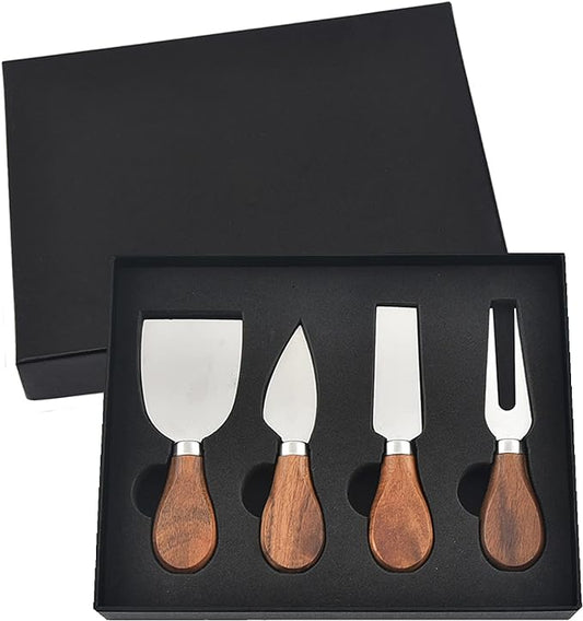 4Pcs Cheese Knife Set - Stainless Steel Cheese Knives with Acacia Wood Handle - Charcuterie Knife Set for Party and Holiday