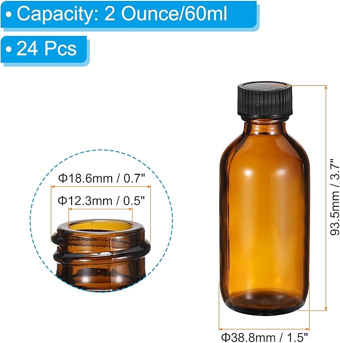 PATIKIL 2oz(60ml) Glass Sample Bottles, 24Pcs Round Bottle Dispensing Bottles with Black Poly Cone Cap for Reagent Liquids, Essential Oils, Perfume, Amber