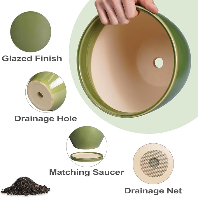 Ceramic Planters for Indoor Plants - 6.8 Inch Plant Pot with Drainage Hole and Saucer Round Modern Flower Pot Home Garden Patio Decor Green