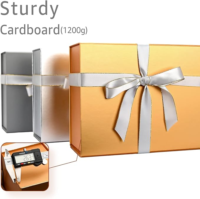 LIFELUM Gift Boxes with Lids,2 Pack 13.85 x 8.35 x 4.45 inch Gold Gift Boxes with Magnetic Lid and Ribbon, Card, Shredded Paper Filler Empty Gift Box for Christmas,Valentine's day,Birthdays