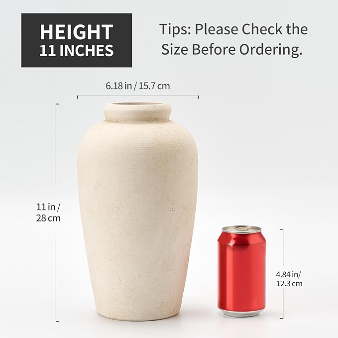 Large Ceramic Rustic Vase, 11 inch Minimalist Decorative Farmhouse Tall Vase for Home Decor, Living Room, Shelf Decor, Enterway, Wedding, Table Decoration, White