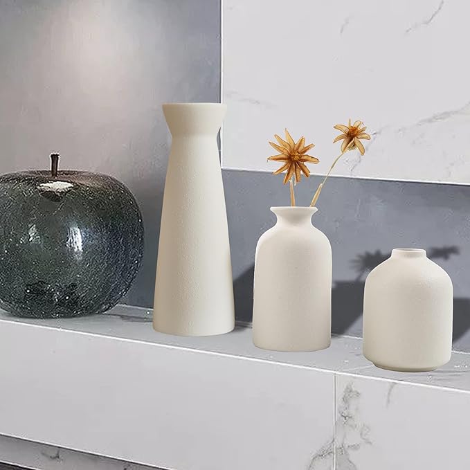 Ceramic Vase,Small Vases for Decor,Set 3 Modern Boho Vases for Flower Pampas,Fit for Living Room Desk Shelf Decor (White)