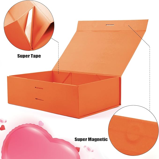 Coobbar Large Gift Box, 5-Pack Magnetic Lid Ribbon Closure, Elegant Gift Packaging, Luxury Gift Box Decorative, 10.5x7.5x3.1" - Multi-Occasion Packaging Boxes (Orange)