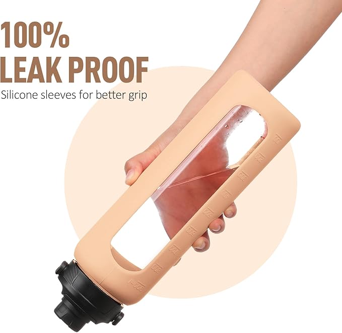 32oz Glass Water Bottle with Straw and 2 Lids- Bamboo and Spout Lid,Motivational Sports Water Bottle with Silicone Sleeve and Time Marker,Reusable for Gym, Outdoors, Amber