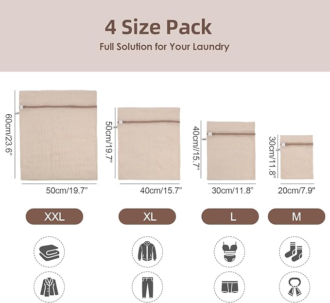 100% Cotton Mesh Laundry Bags, Premium Soft, No Dye, Set of 4, Natural