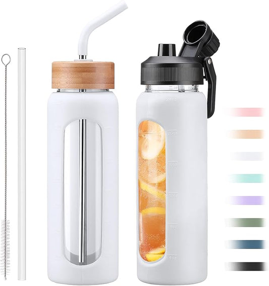 24oz Glass Water Bottle with Straw and 2 Lids-Bamboo and Spout Lid, Borosilicate Glass Water Bottle with Silicone Sleeve and Time Marker,BPA Free & Cupholder Friendly,White