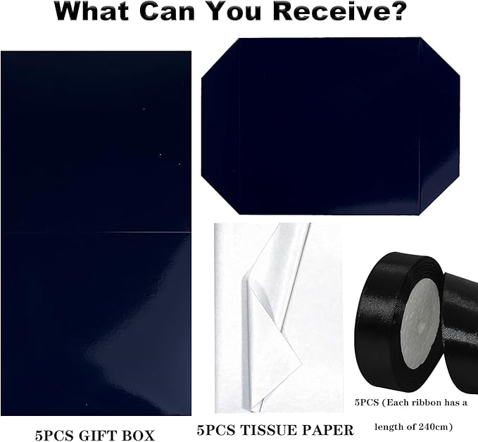 Jaywayang 5 Pack Black Gift Boxes with Lids, Ribbons and Tissue Papers Square Gift Boxes - 7.1 Inch - Birthday, Wedding, Presents Wrapping, Father's Day, Valentine's Day Decoration Party Favor Boxes.