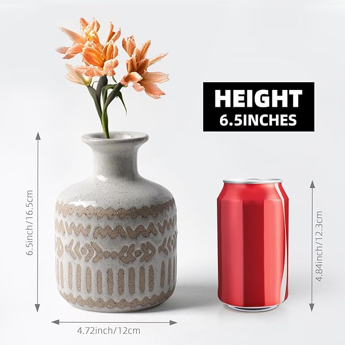 Boho Ceramic Vase, 6.5 Inch Rustic Farmhouse Pastoral Decor, Vintage Clay Vases for Bouquets, Pampas Grass and Fake Plants, Suitable for Home Decor, Shelf, Dining Table, Living Room, Mantle, Bathroom
