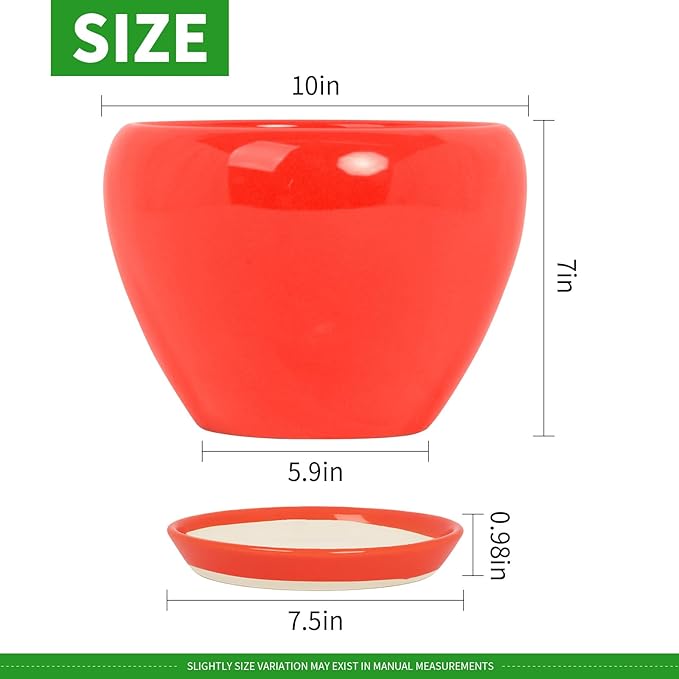 Deep Dream 10 Inch Plant Pot- Ceramic Planter Pot Round Plant Pots for Indoor Plants Outdoor Large Flower Pot with Drainage Holes & Trays, Red