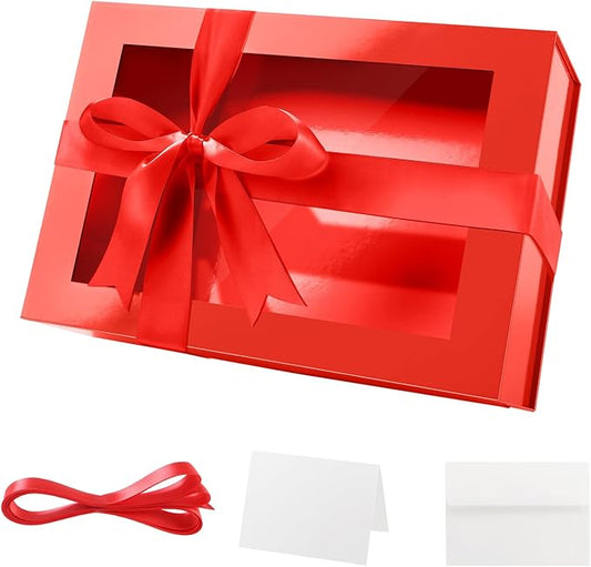PACKQUEEN Large Red Christmas Gift Box with Window, 13.5x9x4.1 Inches Clear Mothers Day Gift Box for Present Contains Ribbon, Card, Bridesmaid Proposal Box with Magnetic Lid (Glossy Red)