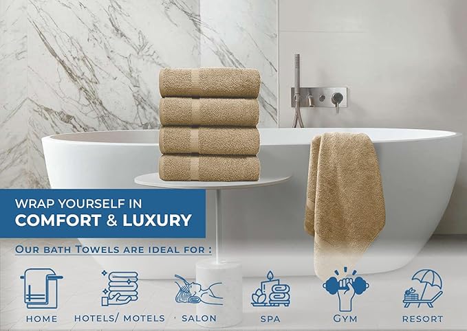 DAN RIVER Bath Towels Set of 4, 27 x 54 Inches, 100% Cotton, Larger & Lighter Weight, Quicker to Dry, Super Soft and Absorbent, Ideal Tan Bath Towels for Daily Use
