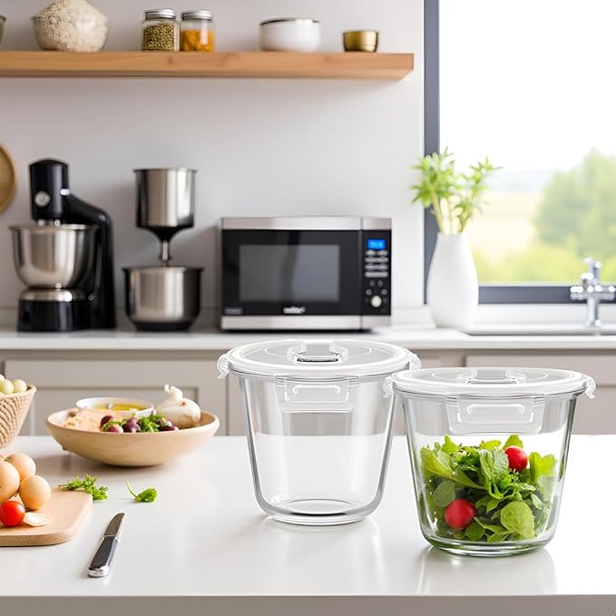 3-Cup Round Glass Meal Prep Containers with Lids,24oz Glass Food Storage Containers with Spoons, Heat-Resistant BPA-Free for Soup, Leftover, Oven, Dishwasher, Fridge, Freezer Safe (2 Pack)