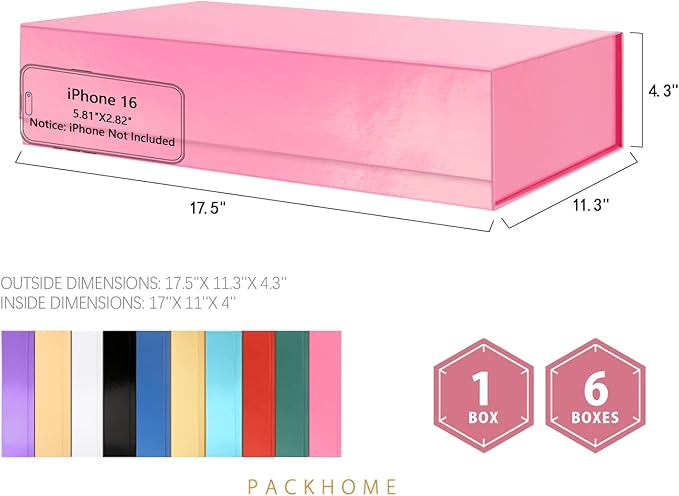 PACKHOME 6 Extra Large Gift Boxes 17.5x11.3x4.3 Inches, Sturdy Shirt Boxes with Magnetic Lids for Clothes and Large Gifts (Glossy Pink)