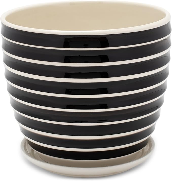 Napco Striped Black and White Ribbed 5.5 x 6 Inch Ceramic Flower Pot Planter with Saucer