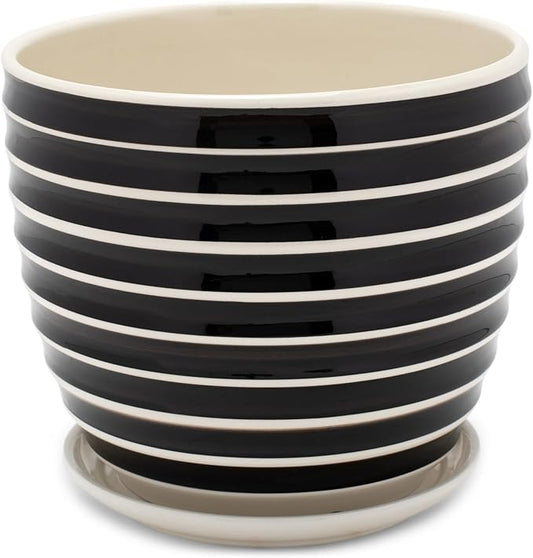 Napco Striped Black and White Ribbed 5.5 x 6 Inch Ceramic Flower Pot Planter with Saucer