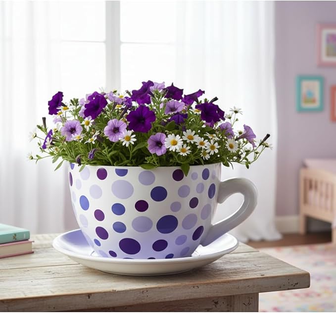 7.5” Round Ceramic Teacup Planter with Saucer – Purple Polka Dot Design Pot for Succulents, Orchid, Herbs & Indoor Houseplants/Flowers for Bithday & Home Decor & Any Other Occasion