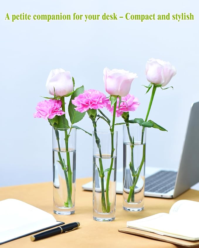 Glass Cylinder Vases for Centerpieces – Set of 16 Handmade Clear Flower Vase 7.48 Inches Tall,Wedding Table Decor for Single Rose Bud Vases,Small Vases Home Decor,Floreros,1 Brush