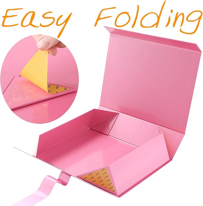 GREEN BEAN Large Gift Box with Lid for Presents 13x9.7x3.4 Inches, Pink Magnetic with Ribbon Luxury Gift Box, Bridesmaid Proposal Box (Glossy Pink)