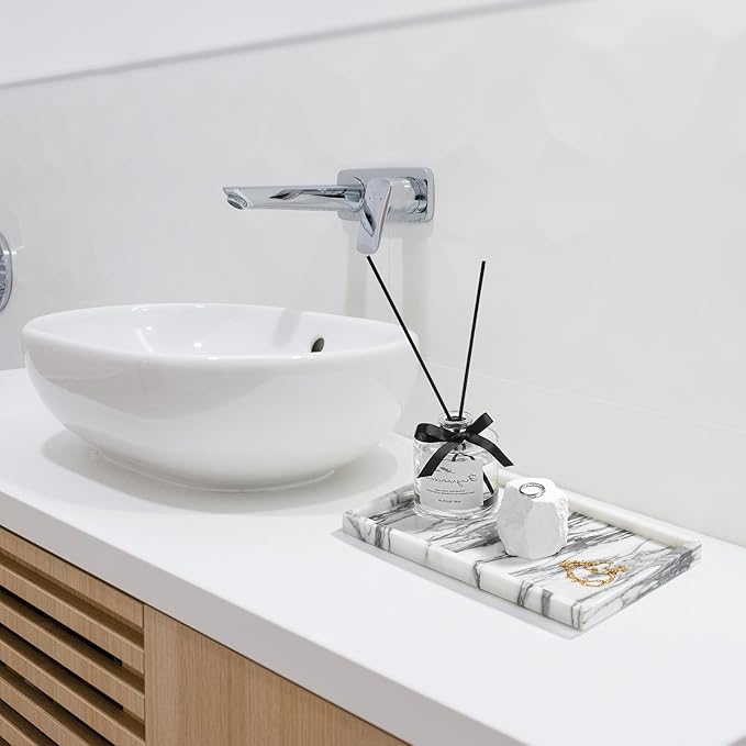 Amauto Natural Marble Vanity Tray Genuine Stone Storage Tray Real Luxurious for Home Decor Bathroom/Vanity/Dresser Non-Resin/Non-Ceramic (Arabescato Calacatta)