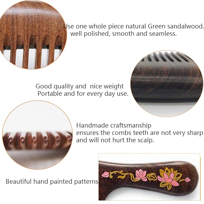 Wooden Comb Natural Handmade Comb, Fine Tooth Sandalwood Comb for Wavy hair,Thick hair, Thin hair, Straight hair, No Static No Snag Reduce Tangle Combs for Men Women Kids,Wooden Hair Comb with Handle (Water Lilies Hand-drawn Pink)