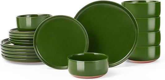 GZG Modern Art Series - 18 Pcs Speckled Stoneware Plates and Bowls Sets, Ceramic Dinnerware Set with Rustic Terracotta Underside, Microwave and Dishwasher Safe Handcrafted Dishes Set - Verdant Green