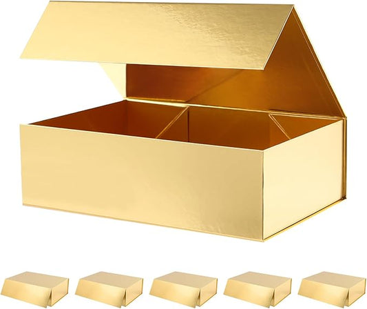 6 Large Gift Boxes with Lids 13.5x9x4.1 Inches, Gold Groomsmen Proposal Gift Boxes with Magnetic Closure for All Occasion (Glossy Gold)