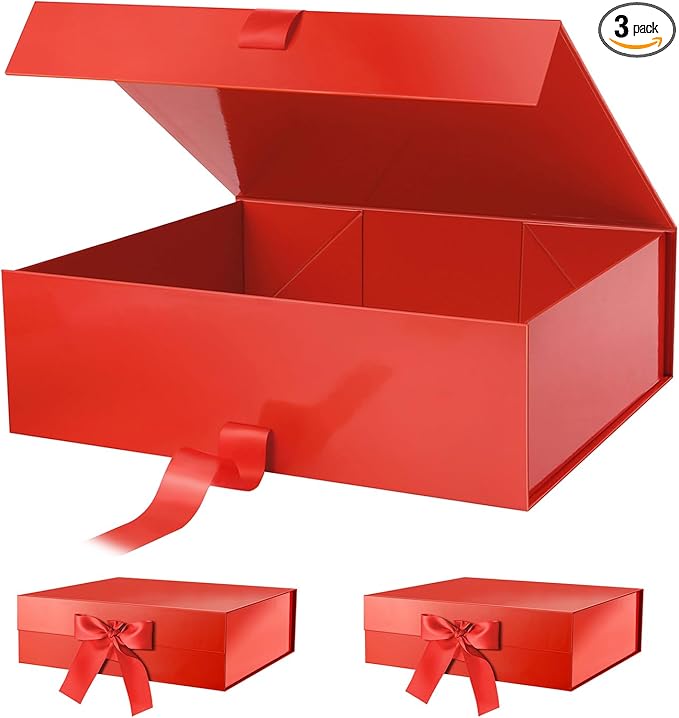 PACKHOME 17x14.5x5.5 Inches, 3 Extra Large Gift Boxes with Lids, Magnetic Closure Boxes with Ribbon for Clothes and Large Gifts (Glossy Red)