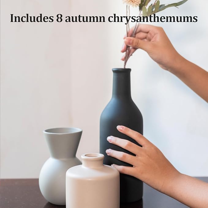 Fake Flowers in Vase for Centerpieces, Faux Flowers in Modern Ceramic Vase Set of 3 with 8 Artificial Autumn Chrysanthemums Artificial Decorative Swags