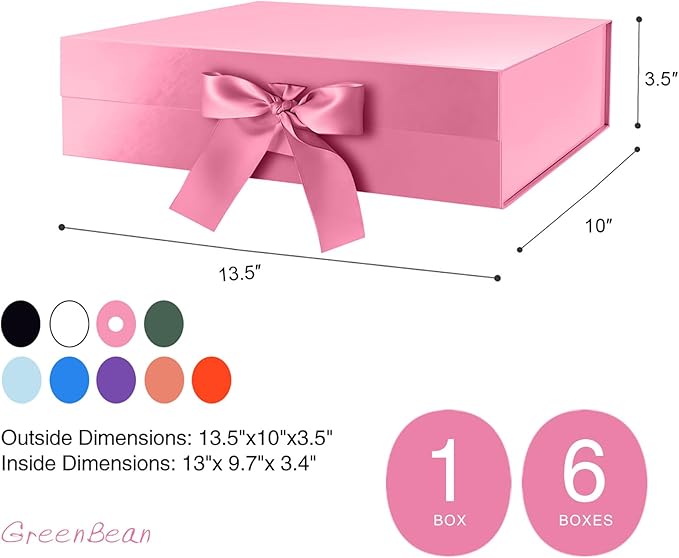 Luxury Pink Magnetic Gift Boxes with Ribbon - 6 Large Bridesmaid Proposal Boxes with Lids - 13x9.7x3.4 Inches
