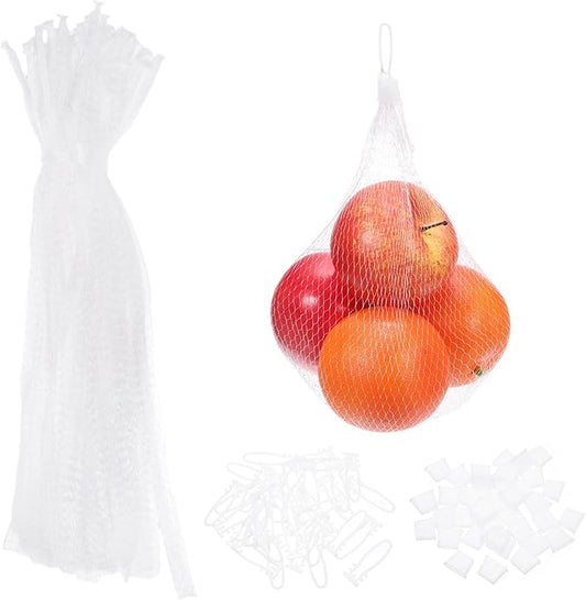 uxcell 100 Pcs Reusable Mesh Produce Bags, 40cm/16 Inch Washable Net Storage Bags Reusable Grocery Reusable Storage Bags with Plastic Buckle for Fresh Fruit Vegetables Seafood, White