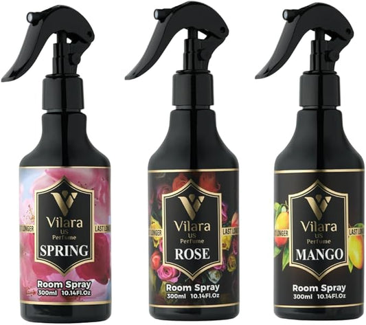 Room Spray Freshener - Long-Lasting Luxury Scents - Room and Linen Spray for Bedding, Sheets, Fabric, Furniture for Aromatherapy - 10.14 fl oz (Multipack 3:Sprng,Rose,Mango)