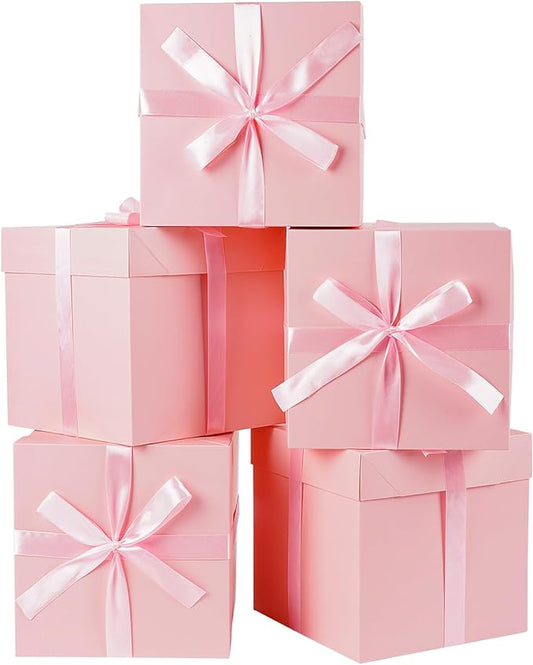 Jaywayang 8.7" Medium Square Gift Boxes with Lids, Ribbons and Tissue Papers, Birthday Gift Boxes - 5 Pcs (Pink), Wedding, Anniversaries, Mother's Day, Party Favor Boxes