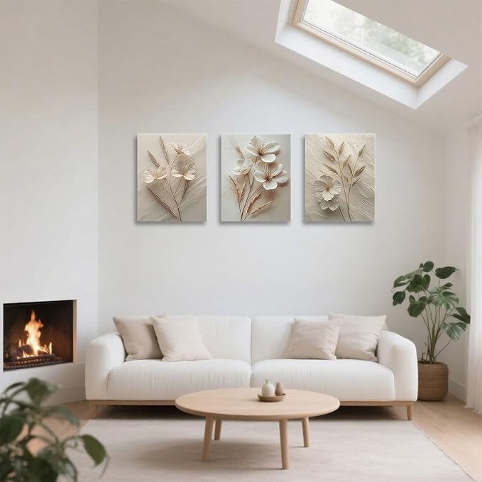 TUEASKY 3 Piece Neutral Floral Canvas Wall Art Beige Flower Wall Art Vintage Botanical Decor Modern Minimalist Prints for Bedroom Living Room Office Home Decoration 12x16in Framed