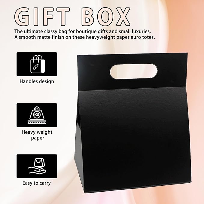 opaprain 9X6X4.3inch Portable Premium Folding Gift Box with Handles - Reusable Elegant Storage Solution for Birthdays, Weddings, Corporate Events, Eco Friendly Compact Design (Black)