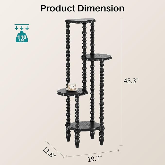 Wooden Plant Stand Indoor - 4 Tier 43.3" H Tall Classic Antique Vintage Heavy Duty Solid Wood Black Plant Flower Display Stand Shelf for House Corner, Living Room, Bedroom, Entryway, Hallway