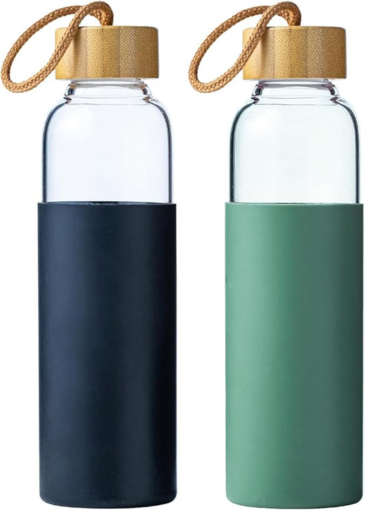 21oz Glass Water Bottle with Silicone Sleeve & Bamboo Lid, BPA Free Reusable Water Bottle Glass for Gym Office Travel, Gift for Fitness Enthusiasts (Black+Green)