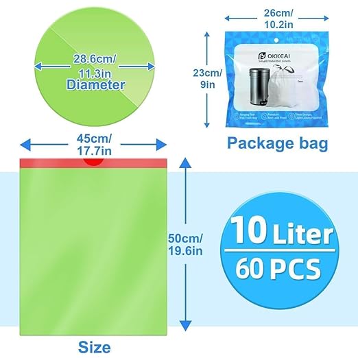 OKKEAI 2.6 Gallon Drawstring Trash Bags, 60 Count Small Green Bathroom Garbage Bags, Heavy Duty Tear-Resistant & Leak-Proof Wastebasket Liners for Kitchen, Bathroom, Office