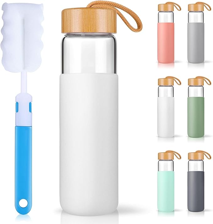 25 Oz Borosilicate Glass Water Bottles with Silicone Sleeve BPA Free, Dishwasher Safe - Reusable Clear Glass Drinking with Leak Proof Bamboo Lid | Perfect Gym Water Bottles for Men & Women