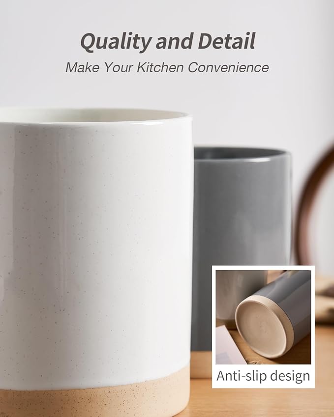 famiware Milkyway Kitchen Utensil Holder for Countertop, Ceramic Cooking Utensil Crocks for Kitchen Counter, Utensil Organizer for Spatula & Spoon, Set of 2, White and Dark Gray