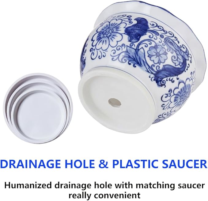 Blue and White Planters, Succulent Pots Ceramic Plant Pots Indoor with Drainage for Home Décor - Set of 3