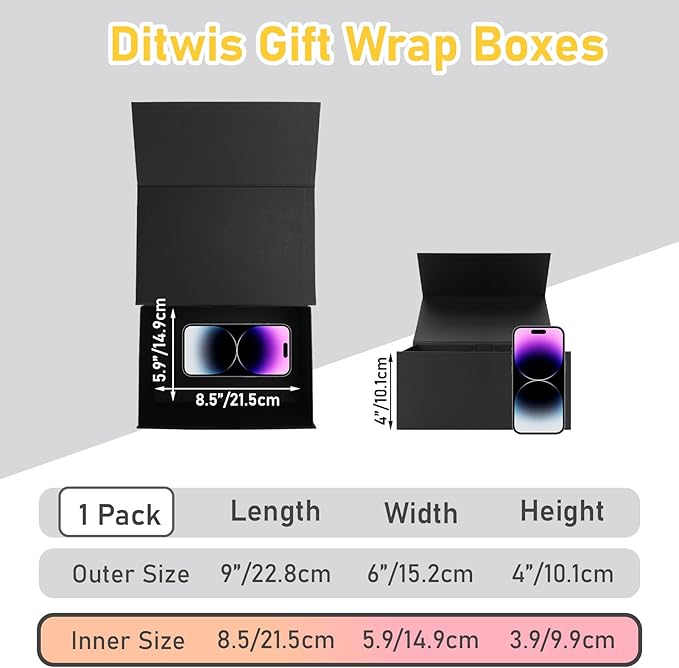 Ditwis 9x6x4 Inches Gift Box with Magnetic Closure Lid, Black Magnetic Box for Wedding, Groomsmen Bridesmaid Proposal, Birthdays, Mother's Day, 1 Pack