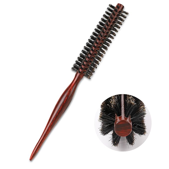 Small Boar Bristle Round Brush for Blow Drying, Styling - Wooden Handle, Soft Natural Bristles for Short/Thin Hair, Women and Men's Beard
