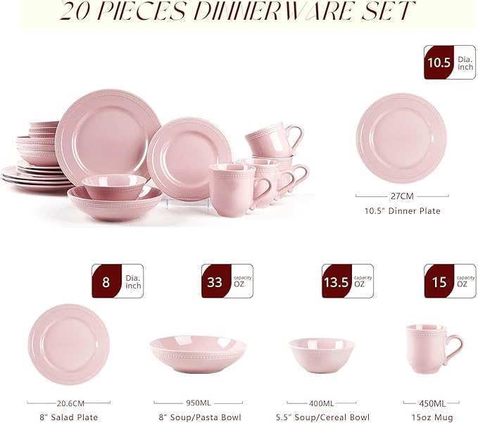 Pearl Dots Stoneware Dinnerware Set (20pc Set, Pink)
